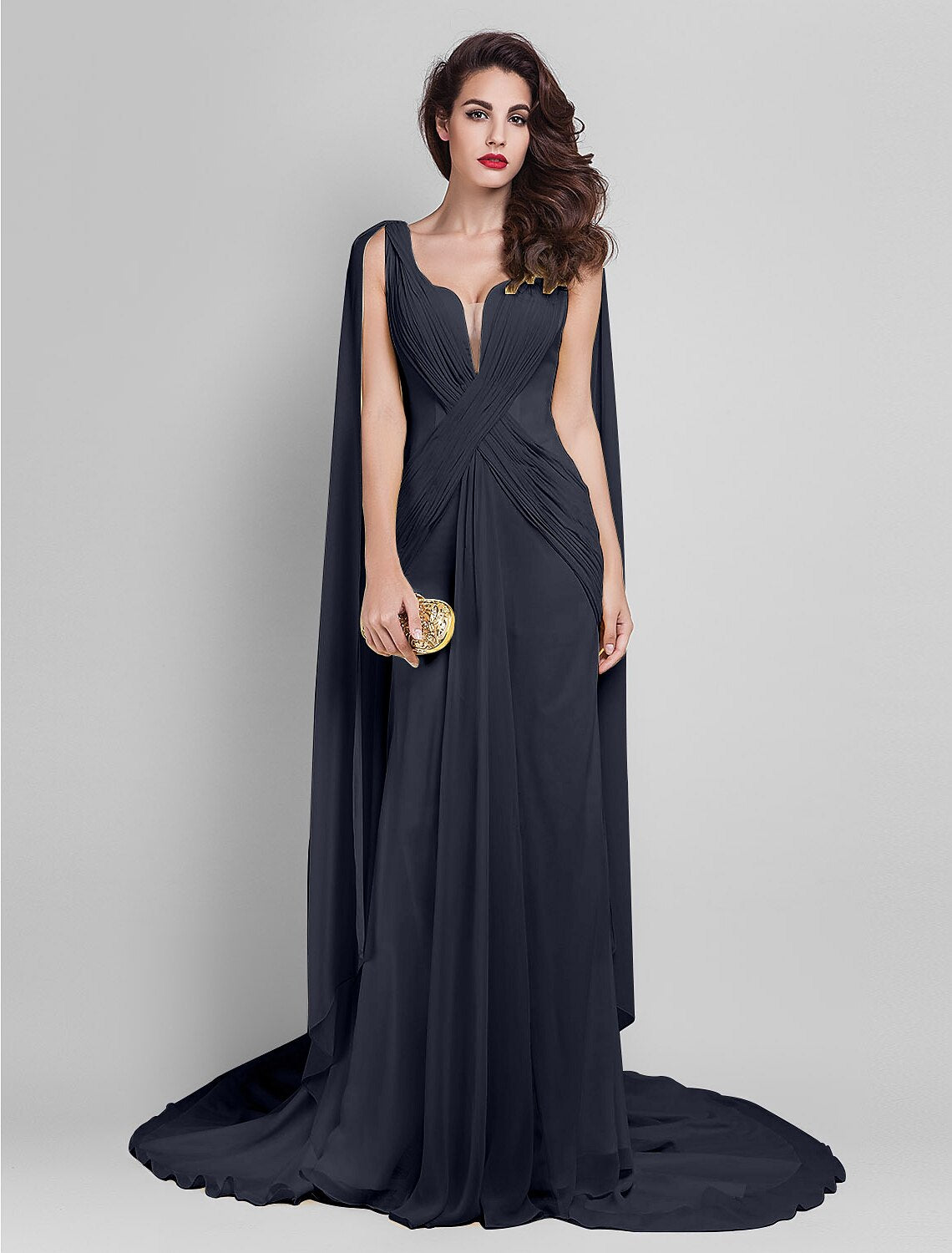 Etuikleid/Säulenkleid, elegantes Kleid für Hochzeitsgäste, Hofschleppe, ärmellos, tiefer Ausschnitt, Georgette, V-Rücken mit überkreuzten Seitendrapierungen